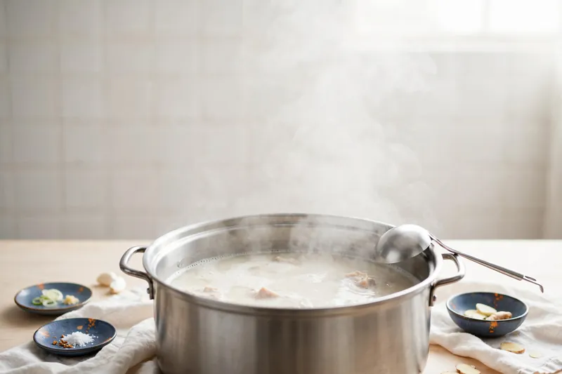 Illustration of a stockpot of pork-bone broth simmering