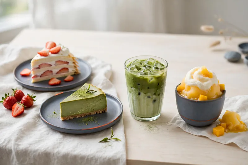 Illustration of a dessert plate, a matcha drink and a sweet slush