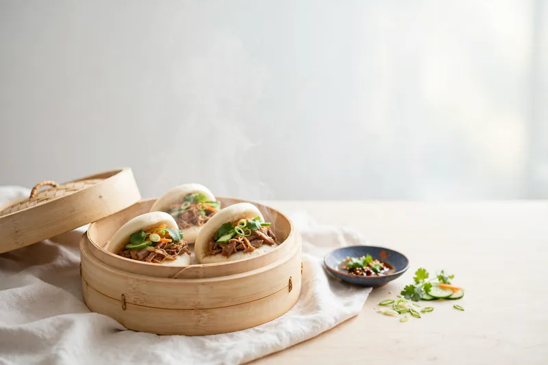 Steamed bao in a bamboo basket (illustration)