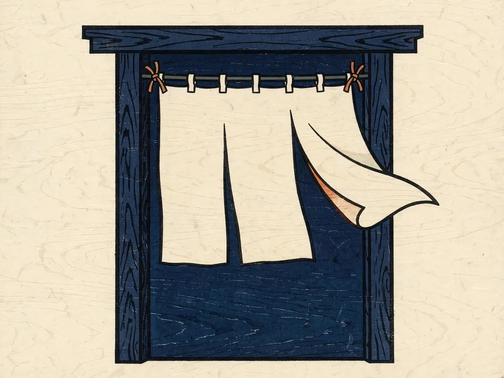 Woodblock-style illustration of a noren curtain lifted by a breeze in a doorway