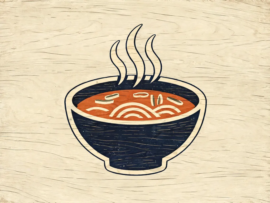 Woodblock-style illustration of a steaming bowl of ramen