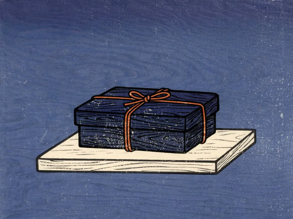 Woodblock-style illustration of a lacquered box tied with a cord on a wooden tray