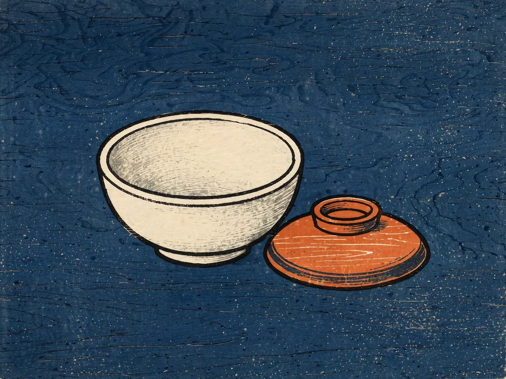Woodblock-style illustration of an empty bowl with its lid set aside
