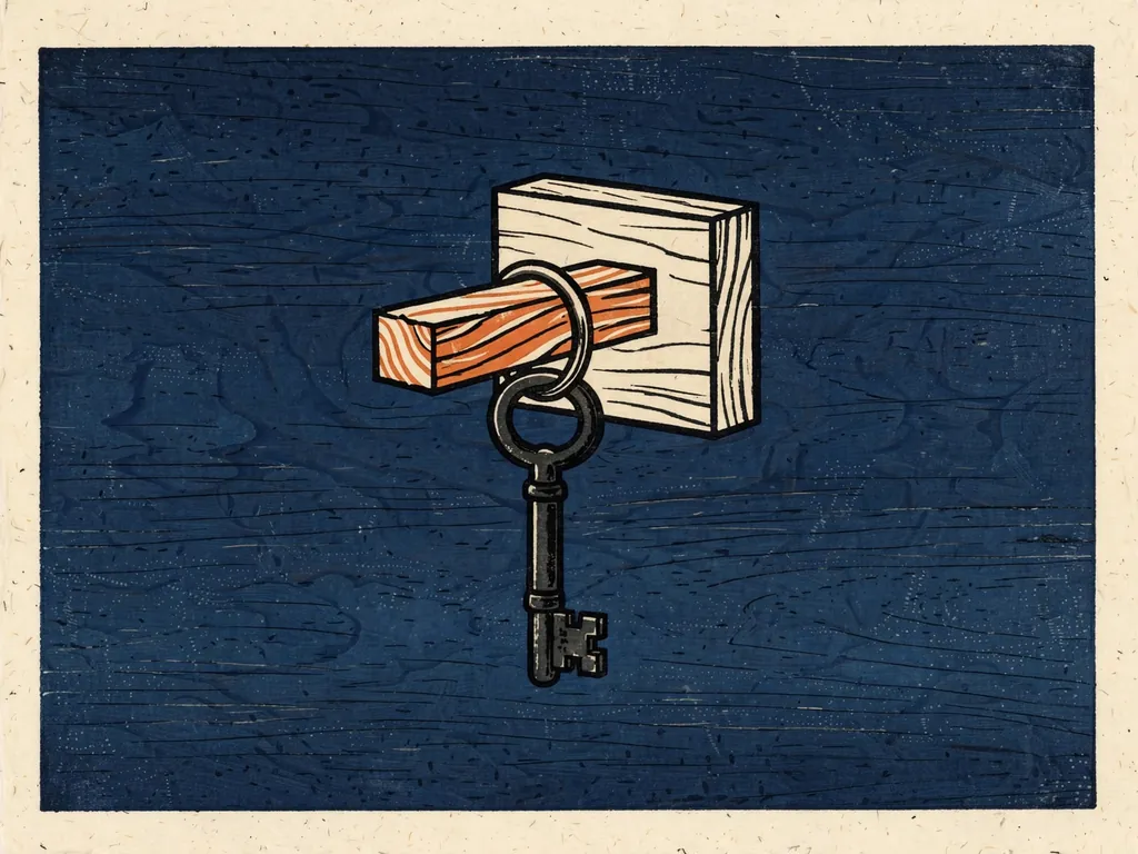 Woodblock-style illustration of a key hanging from a wooden peg
