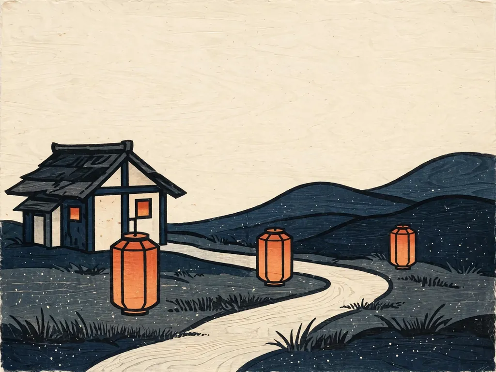 Woodblock-style illustration of a lantern-lit path leading to a small house