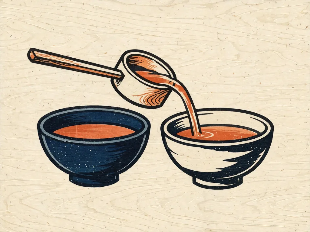 Woodblock-style illustration of broth poured from one ladle into another