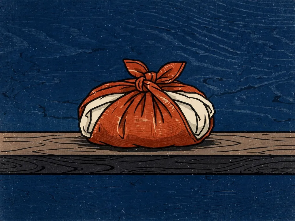Woodblock-style illustration of a cloth-wrapped furoshiki bundle on a shelf