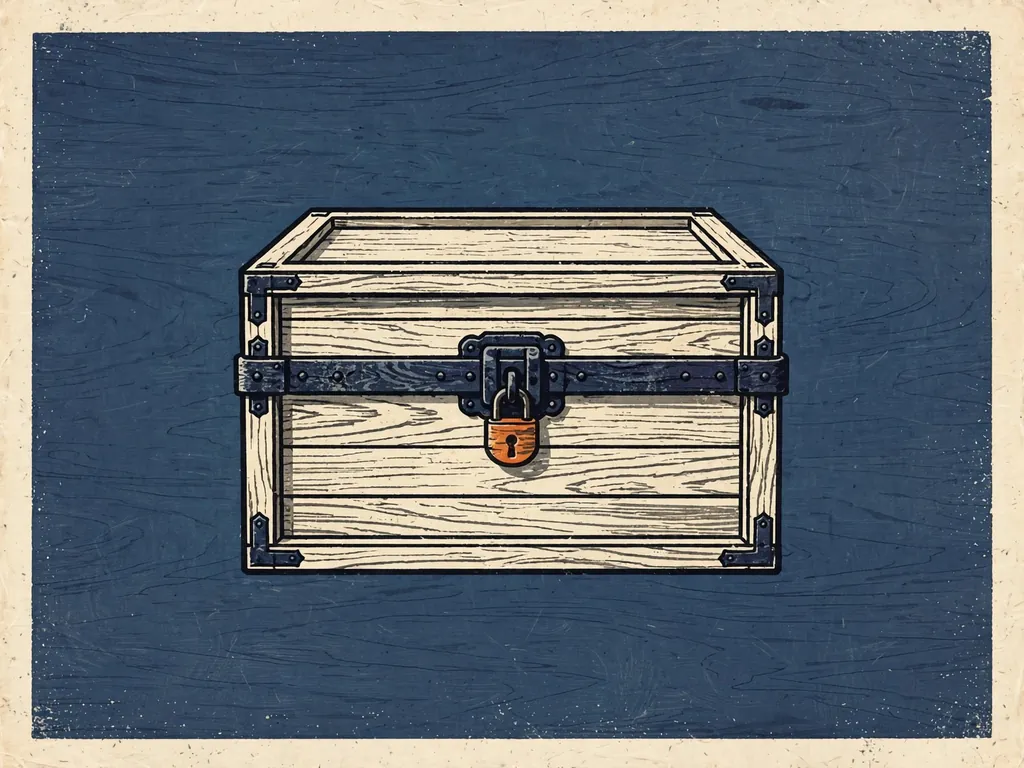 Woodblock-style illustration of a wooden chest with a metal clasp