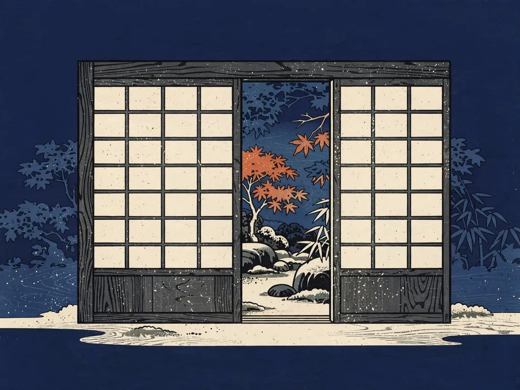 Woodblock-style illustration of sliding shoji doors opening onto a garden
