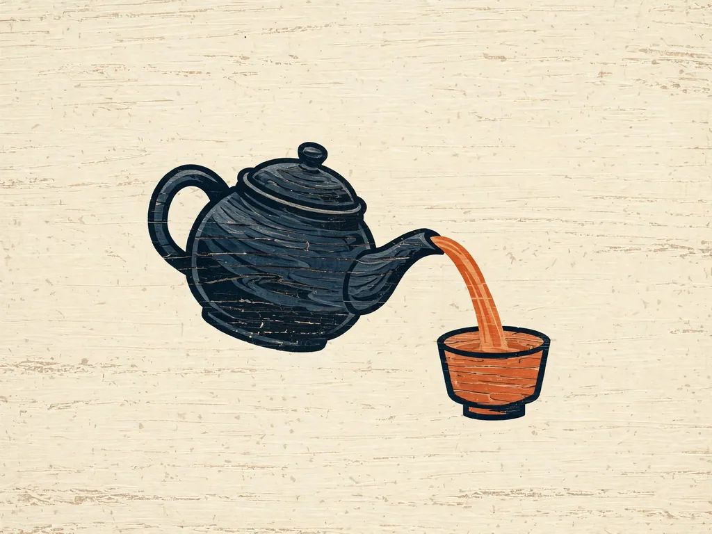 Woodblock-style illustration of a teapot pouring into a cup