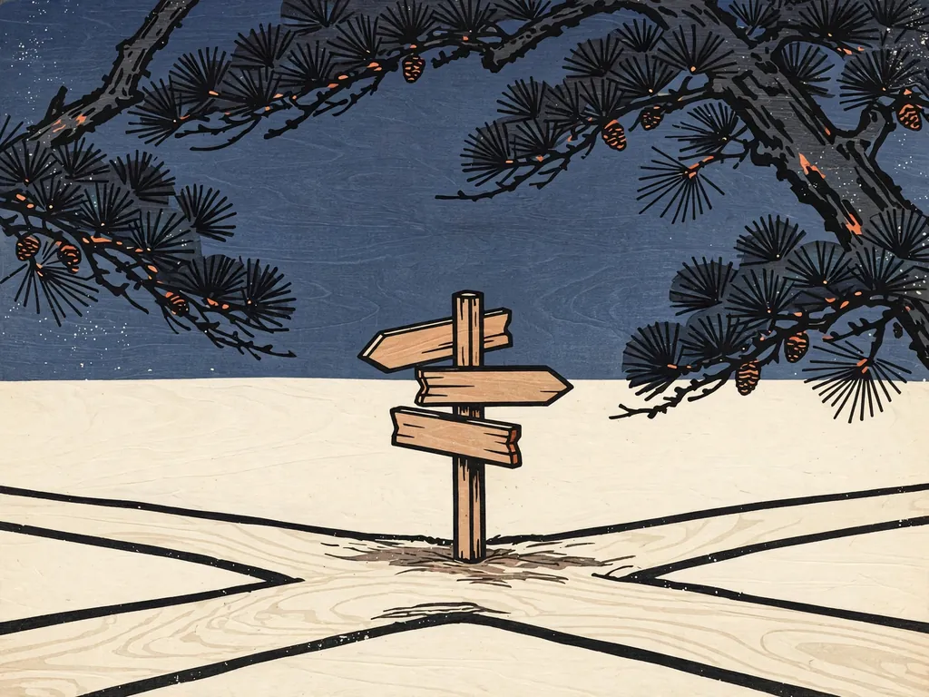 Woodblock-style illustration of a wooden signpost at a crossroads