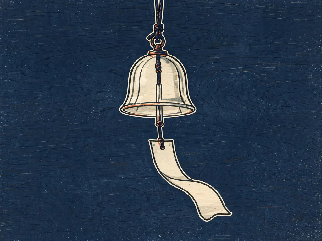 Woodblock-style illustration of a glass wind chime with a paper strip